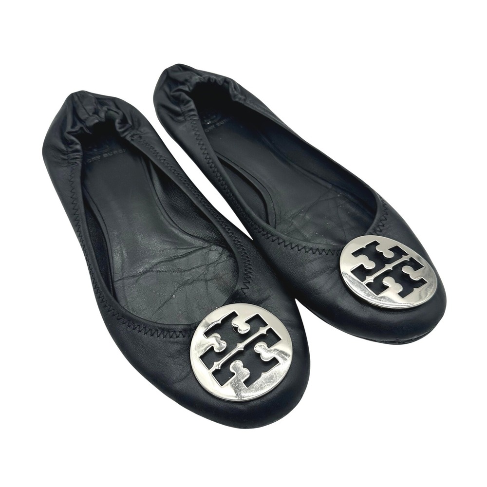 Tory Burch Reva Black Leather Ballet Flats Silver Logo Medallion Size 9.5
